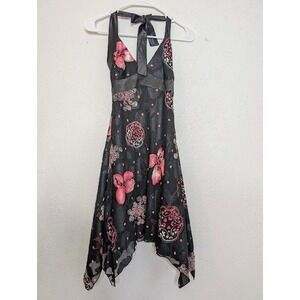 Y2K Charlotte Russe Pink Floral Halter Asymmetrical Black Dress Size Small Fairy